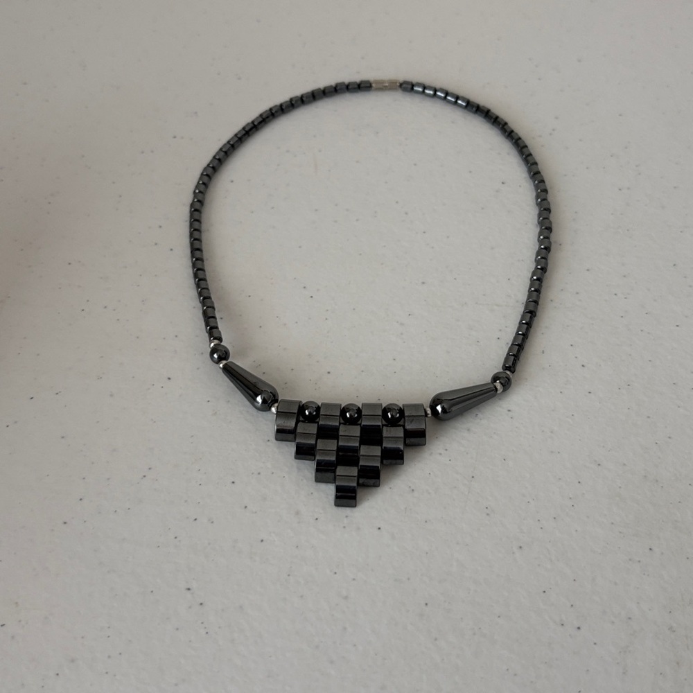 Hematite Beaded Geometric Pendant Necklace